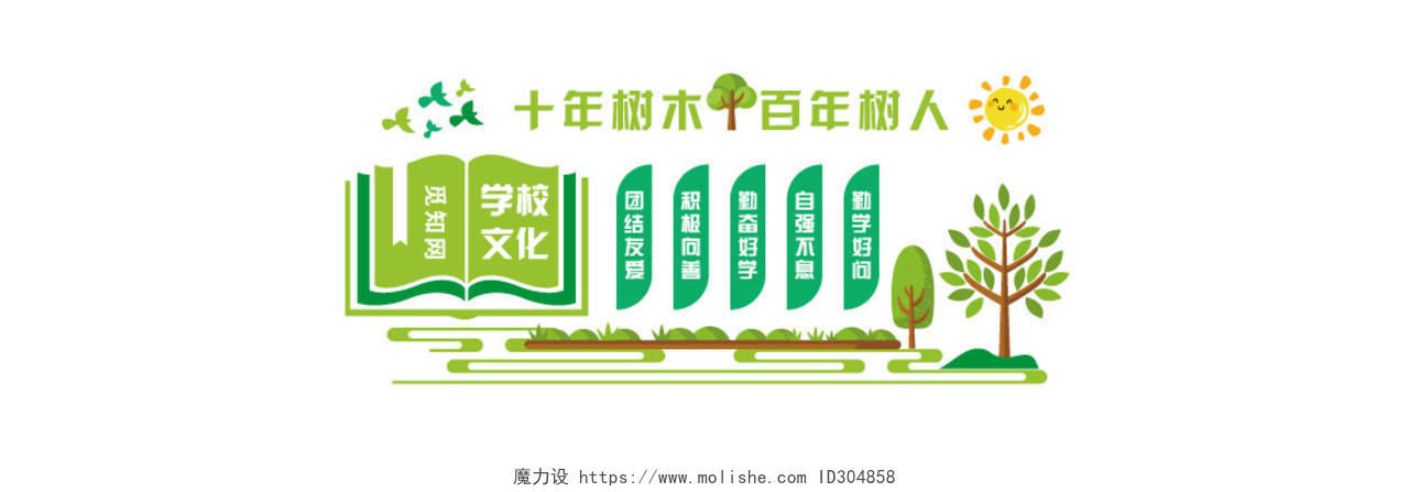 绿色小清新十年树木百年树人校园文化墙小学校园文化墙